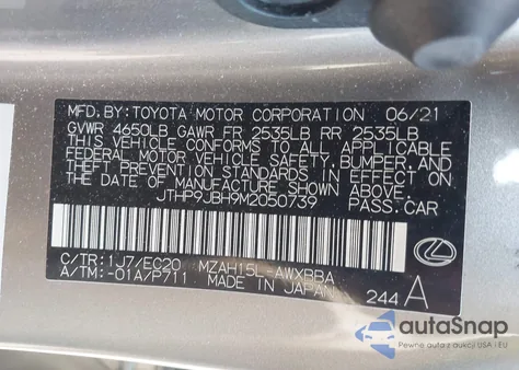 2021 Lexus Ux 250H из США, поврежденный, VIN JTHP9JBH9M2050739